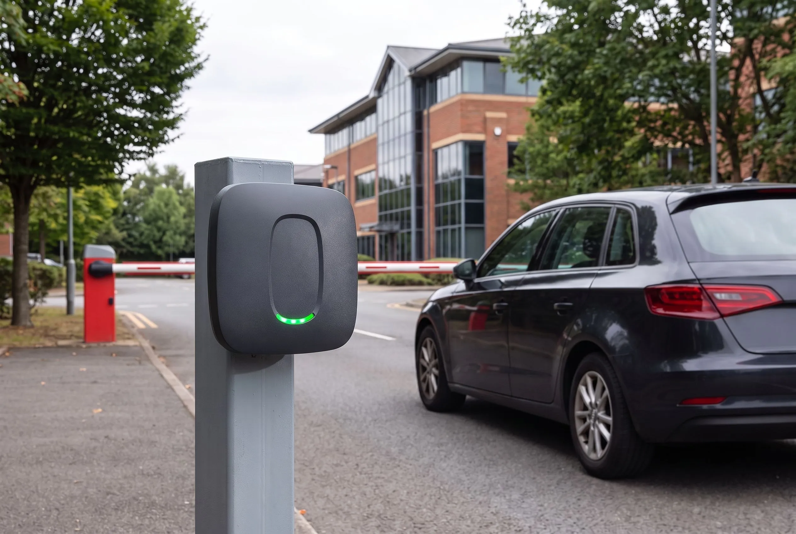 Long-range reader on a post beside a car park barrier at an office building
